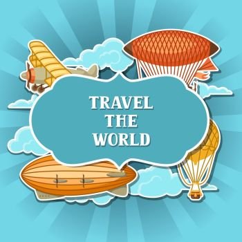 Travel background with retro air transport. Vintage aerostat airship, blimp and plain in cloudy sky. Travel background with retro air transport. Vintage aerostat airship, blimp and plain in cloudy sky.