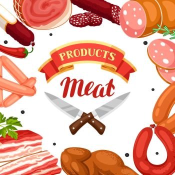 Background with meat products. Illustration of sausages, bacon and ham. Background with meat products. Illustration of sausages, bacon and ham.