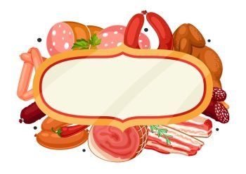 Frame with meat products. Illustration of sausages, bacon and ham. Frame with meat products. Illustration of sausages, bacon and ham.