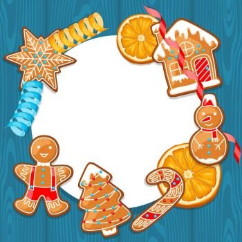 Merry Christmas frame with various gingerbreads orange and streamers. Merry Christmas frame with various gingerbreads orange and streamers.