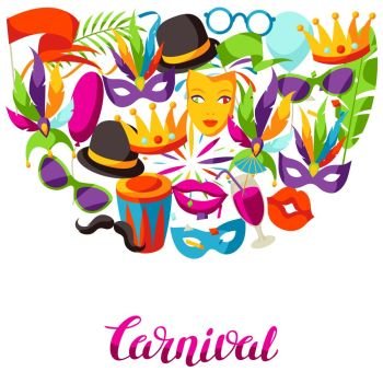 Carnival party background with celebration icons, objects and decor. Carnival party background with celebration icons, objects and decor.