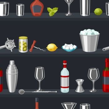 Cocktail bar seamless pattern. Essential tools, glassware, mixers and garnishes.. Cocktail bar seamless pattern. Essential tools, glassware, mixers and garnishes