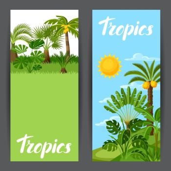 Banners with tropical palm trees. Exotic tropical plants Illustration of jungle nature. Banners with tropical palm trees. Exotic tropical plants Illustration of jungle nature.
