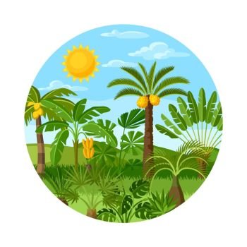 Card with tropical palm trees. Exotic tropical plants Illustration of jungle nature. Card with tropical palm trees. Exotic tropical plants Illustration of jungle nature.