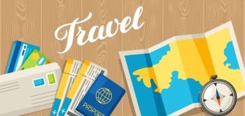 Travel concept illustration. Traveling background with tourist items on wooden table. Top view. Travel concept illustration. Traveling background with tourist items on wooden table. Top view.
