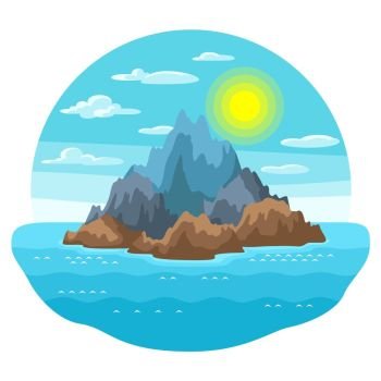 Illustration of rocky island in ocean. Landscape with ocean and rocks. Travel background. Illustration of rocky island in ocean. Landscape with ocean and rocks. Travel background.