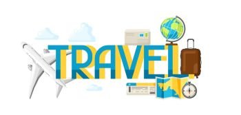 Travel concept illustration with tourist items and word. Travel concept illustration with tourist items and word.