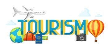 Travel concept illustration with tourist items and word. Travel concept illustration with tourist items and word.
