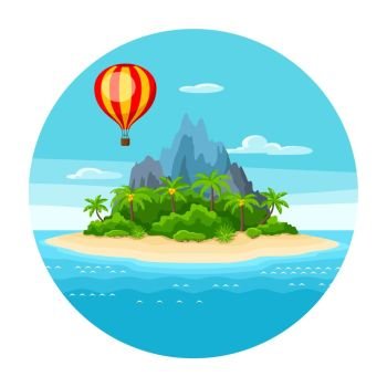 Illustration of tropical island in ocean. Landscape with hot air balloon, palm trees and rocks. Travel background. Illustration of tropical island in ocean. Landscape with hot air balloon, palm trees and rocks. Travel background.