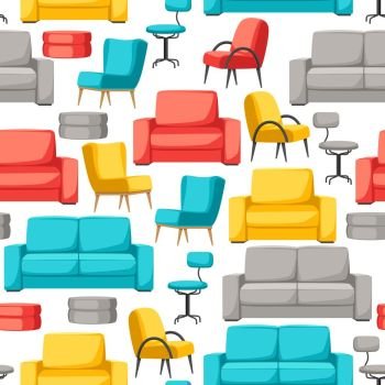 Interior and furniture seamless pattern. Sofa armchair and pouf. Interior and furniture seamless pattern. Sofa armchair and pouf.