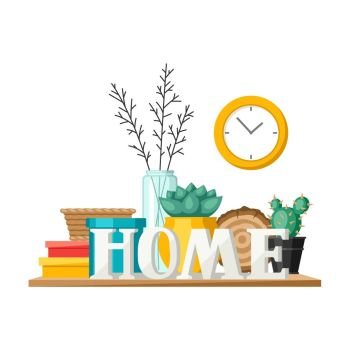 Shelf with home decor. Vase, picture and plant.. Shelf with home decor. Vase, picture and plant. Illustration in flat style.