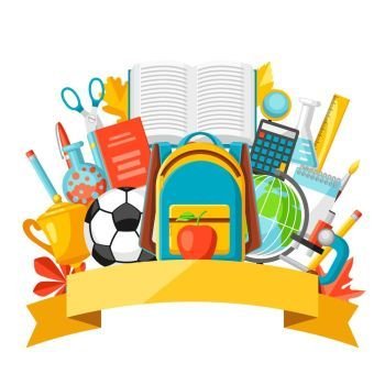 School background with education items.. School background with education items. Illustration of colorful supplies and stationery.