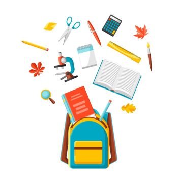 School backpack with education items.. School backpack with education items. Illustration of colorful supplies and stationery.