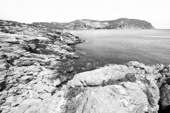 in greece the mykonos island rock sea and beach  blue sky