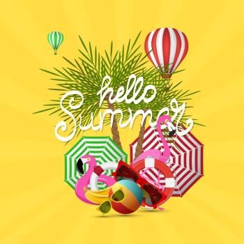 Summer time vector banner design and colorful beach elements