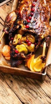 roast duck and oranges. Appetizing roasted duck with oranges cooked to a rustic recipe