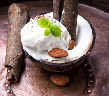 Ice cream with almonds. Ice cream with almond and cinnamon flavor in a coconut dish
