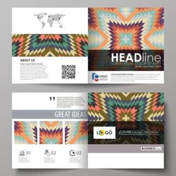 Business templates for square design bi fold brochure, magazine, flyer, booklet. Leaflet cover, abstract vector layout. Tribal pattern, geometrical ornament in ethno syle, vintage fashion background.. Business templates for square design bi fold brochure, magazine, flyer, booklet or annual report. Leaflet cover, abstract flat layout, easy editable vector. Tribal pattern, geometrical ornament in ethno syle, ethnic hipster backdrop, vintage fashion background.