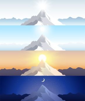 Nature mountain set. A midday sun, dawn, sunset, night in the mountains. Landscapes with peak. Mountaineering, traveling, outdoor recreation concept. Abstract vector backgrounds for web, prints etc.. Nature mountain set. A midday sun, dawn, sunset, night in the mountains. Landscapes with peak. Mountaineering, traveling, outdoor recreation concept. Abstract vector backgrounds for web, prints etc