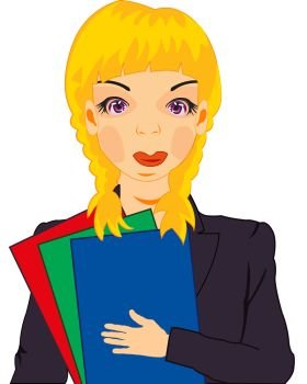 Girl secretary with paper. Making look younger girl in suit and document in hand