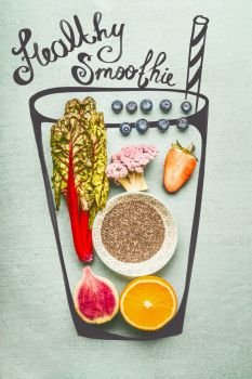 Painted glass with smoothie or detox drink ingredients: Chia seeds, orange, pink broccoli,strawberries, blueberries and red chard or kale leaves, top view