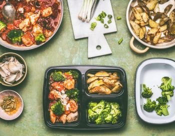 Healthy balanced lunch box preparation with chicken pieces in tomatoes sauce with green broccoli and  baked potatoes, top view