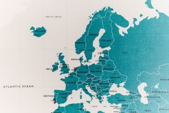 Europe Countries On World Map Close Up With Colorful Pins