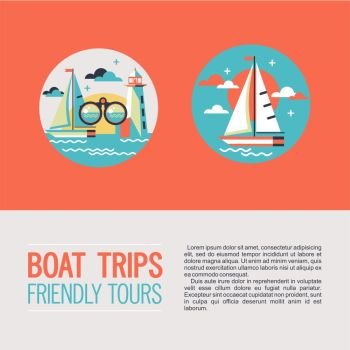 Round icons, icons. Vector clip art. Boat trips. A yacht, binoculars, lighthouse.
