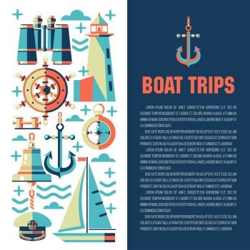 Vector illustration with place for text. Sea Yacht club. Paintings on the theme of sea travel. Binoculars, ship s wheel, lighthouse, compass, anchor.