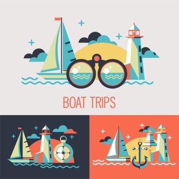 Boat trips. Vector illustration. Seascape with sailboat, lighthouse, binoculars, compass in flat style.