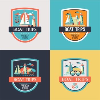 Set of vector logos and emblems. Walking on the sea on a yacht. Boat trips.