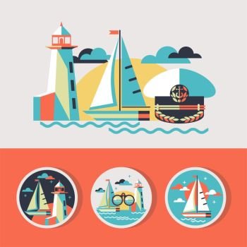 Vector illustration in flat style. Sailing boat, lighthouse, cap captain. Round vector icons.