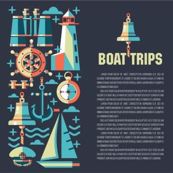 Yacht club. Vector illustration with place for text. Pattern on the theme of sea travel on a dark background.