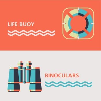 Binoculars and a life buoy. Vector illustration of icons with place for text. Isolated.