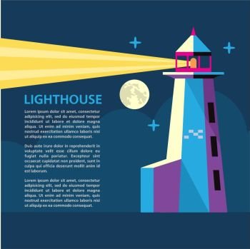 Lighthouse in the night. Spotlight of the lighthouse .Vector illustration with place for text.
