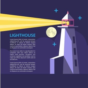 Lighthouse in the night. The spotlight of the lighthouse .Vector illustration with place for text.