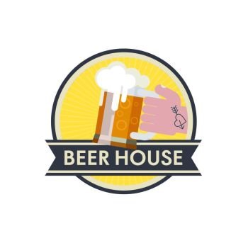 Logo beer house. Arm with a tattoo holding a mug of beer. 