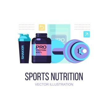 Protein, shakers, dumbbell, energy drinks. Fitness. Sports nutrition. Vector illustration isolated on white background. Set of design elements.