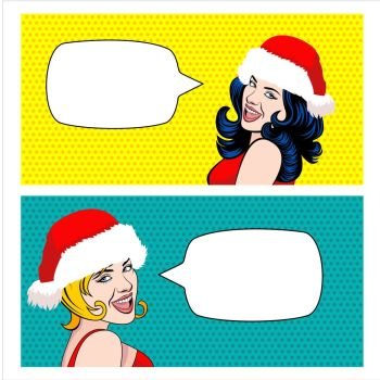Beautiful girl in Christmas cap. Vector illustration in the style of a comic book. Place for text bubble speak.