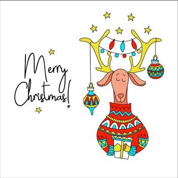 Merry Christmas! Vector illustration. Cute deer with gifts. Deer antler decorated with Christmas decorations and colorful light bulbs.