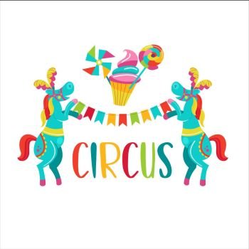 Circus. Vector illustration. Isolated on a white background. Two trained horses with feathers on their heads holding a garland of flags.  