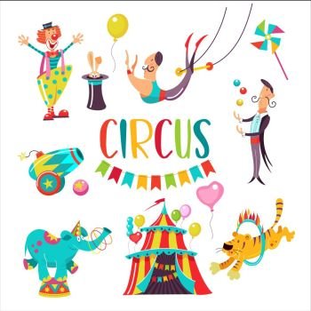 Circus. Big set of vector cliparts. Isolated on white background. Happy clown, tent, tiger jumping through a ring of fire, juggler, elephant, aerial acrobat, the rabbit in the hat, circus cannon.