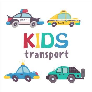 Children’s transport collection. Vector illustration. Isolated on white background. A large set of road transport.