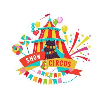 Circus. Tent. Vector illustration. Composition of cliparts. With place for text. Isolated on a white background.