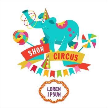 Circus. Circus trained elephant on a pedestal juggling hoops. Vector illustration. The poster of the circus. Composition of cliparts. With place for text. Isolated on a white background.