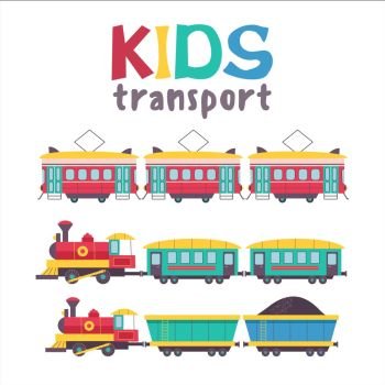 Children’s transport collection. Vector illustration. Isolated on white background. A large set of railway transport.