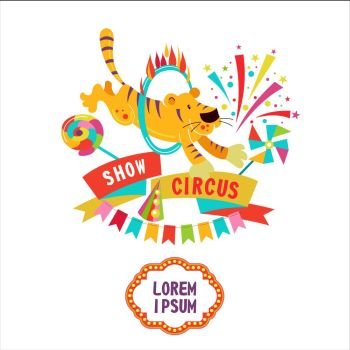 Circus. Vector illustration. Circus tiger jumping through a ring of fire. Composition of cliparts. With place for text. Isolated on a white background.