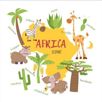 Africa clipart. Nature and animals of Africa on the map. Giraffes, zebras, palm trees, bananas, aloe, cactus, baobab, elephant, Hippo. All the clipart supplied with inscriptions.