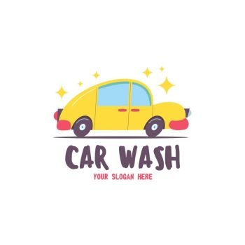The emblem of the car wash. Vector illustration in cartoon style. The car sparkles with cleanliness.