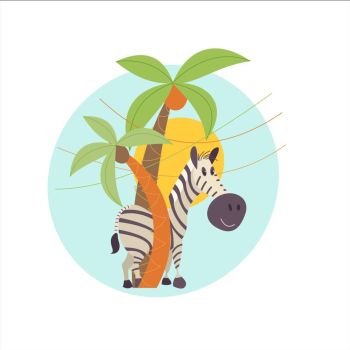 Striped Zebra stith under the palm trees. The African animals. Vector illustration. Isolated on a white background.